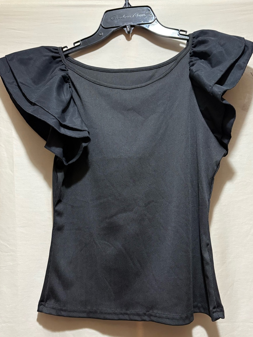 Sleeveless Black Ruffle-Shoulder Ribbed Top - Picture 4 of 4
